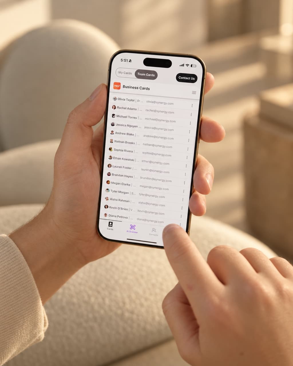 The Team Cards list in the HeyDrop app