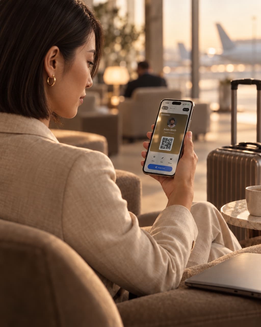 A consultant checking her HeyDrop card in an airport lounge