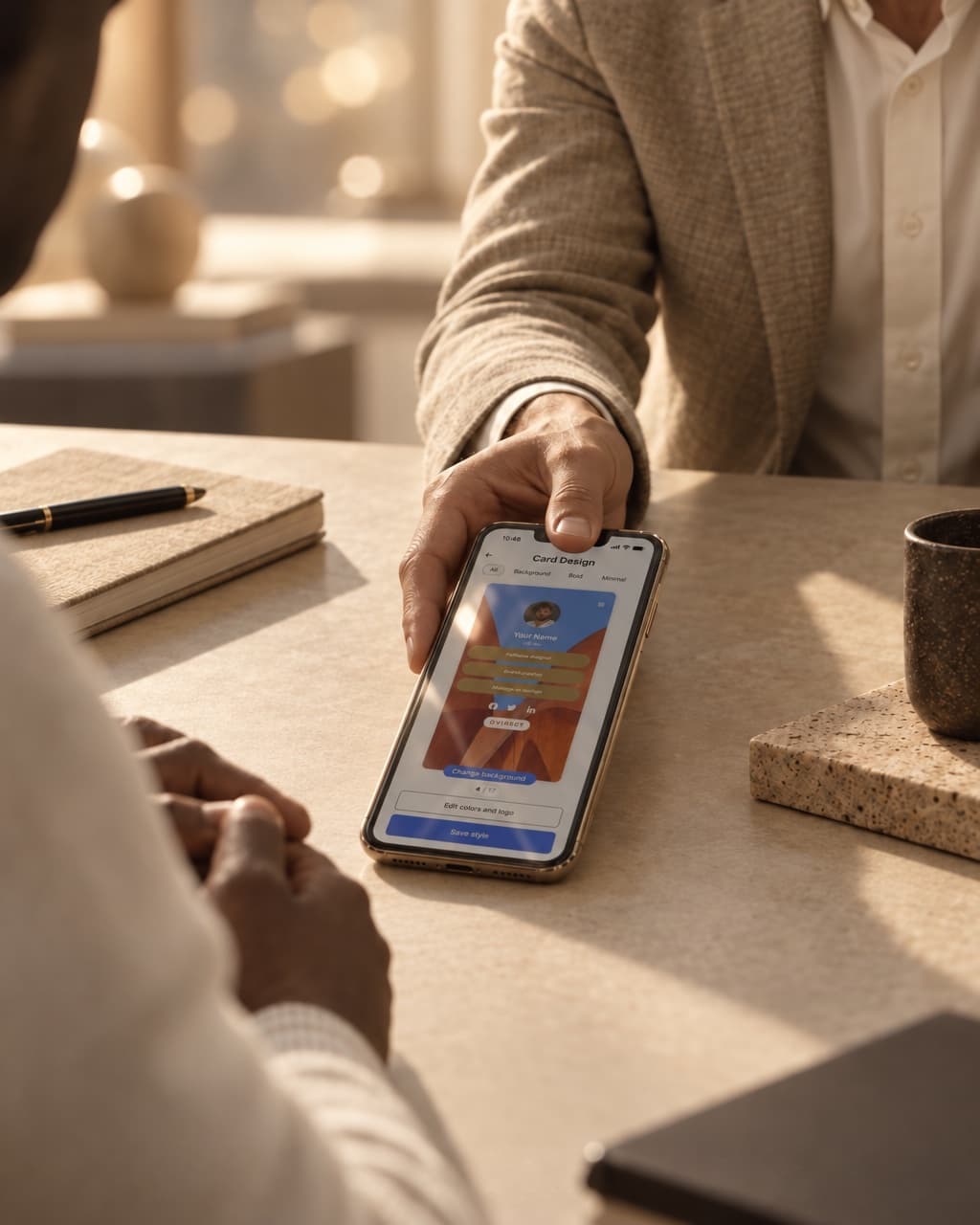 Sliding a phone with HeyDrop card templates across a meeting table