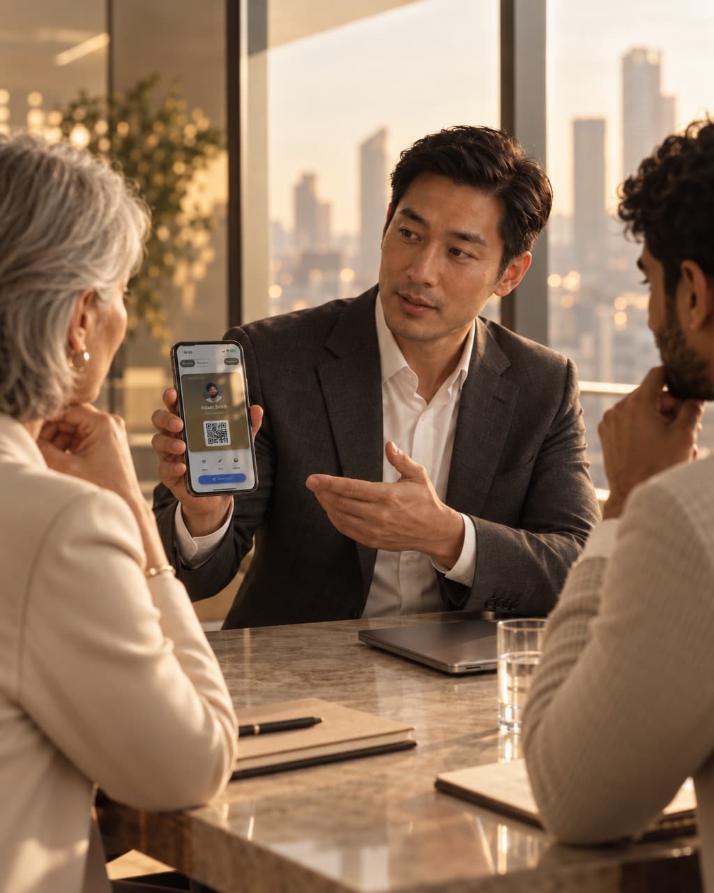 A consultant showing his HeyDrop card to clients in a glass meeting room