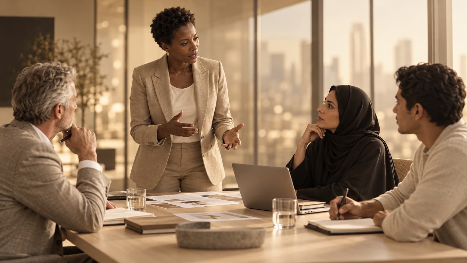 A consultant presenting to clients at a strategy workshop