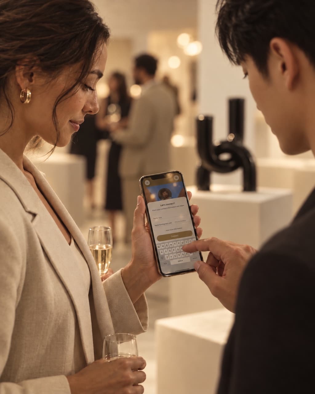 A guest typing his details into the HeyDrop lead form at a gallery opening