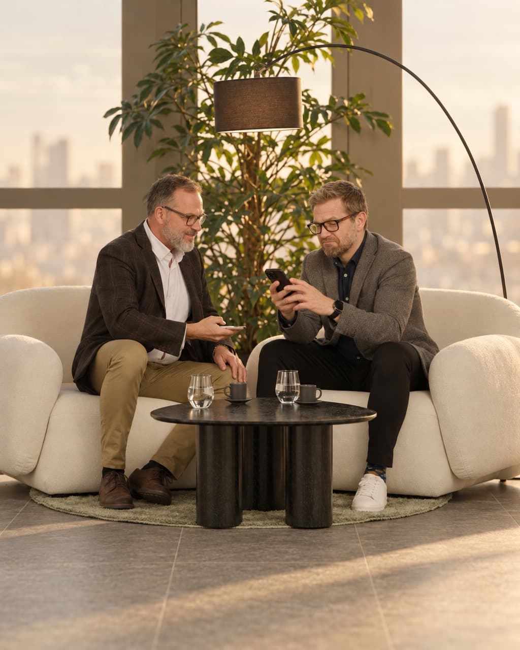 Two colleagues reviewing contacts on their phones in a lounge