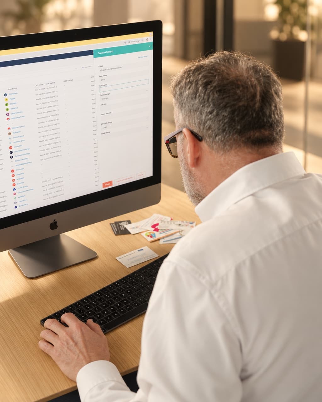 Adding a lead in HubSpot at a desk next to collected business cards
