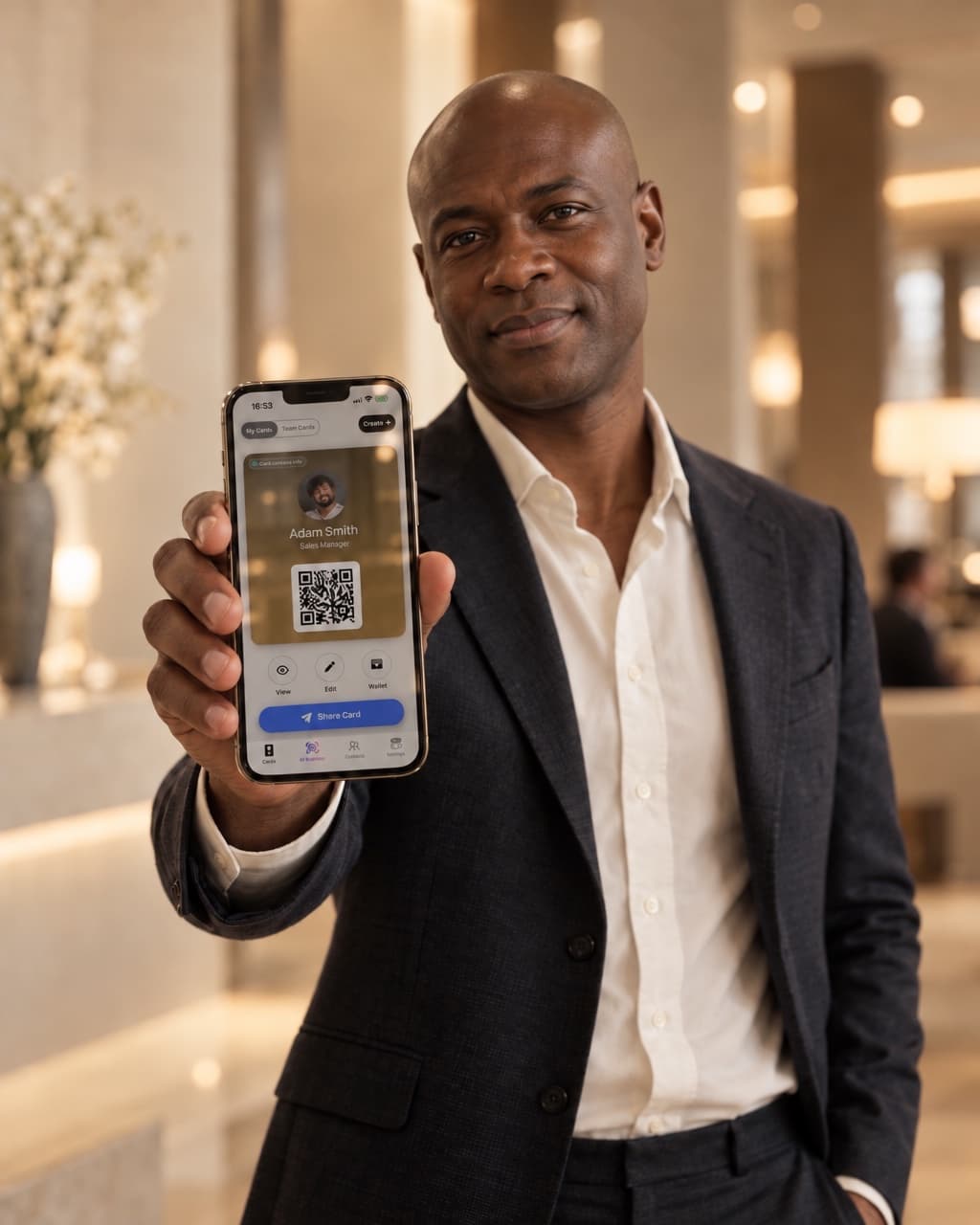 A businessman showing his HeyDrop digital business card on his phone