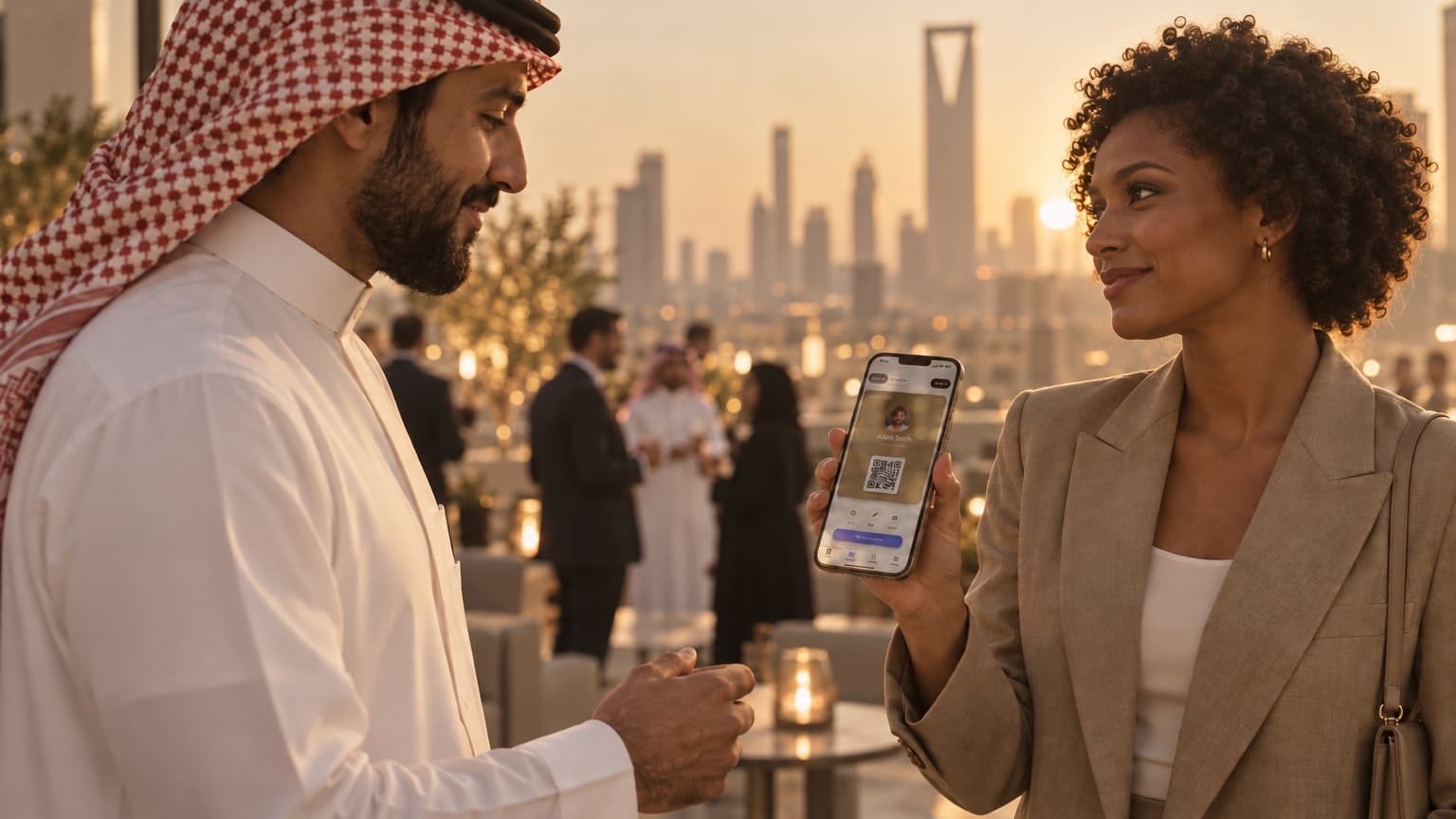 A woman sharing her HeyDrop card from her phone with a Saudi business contact at a rooftop reception