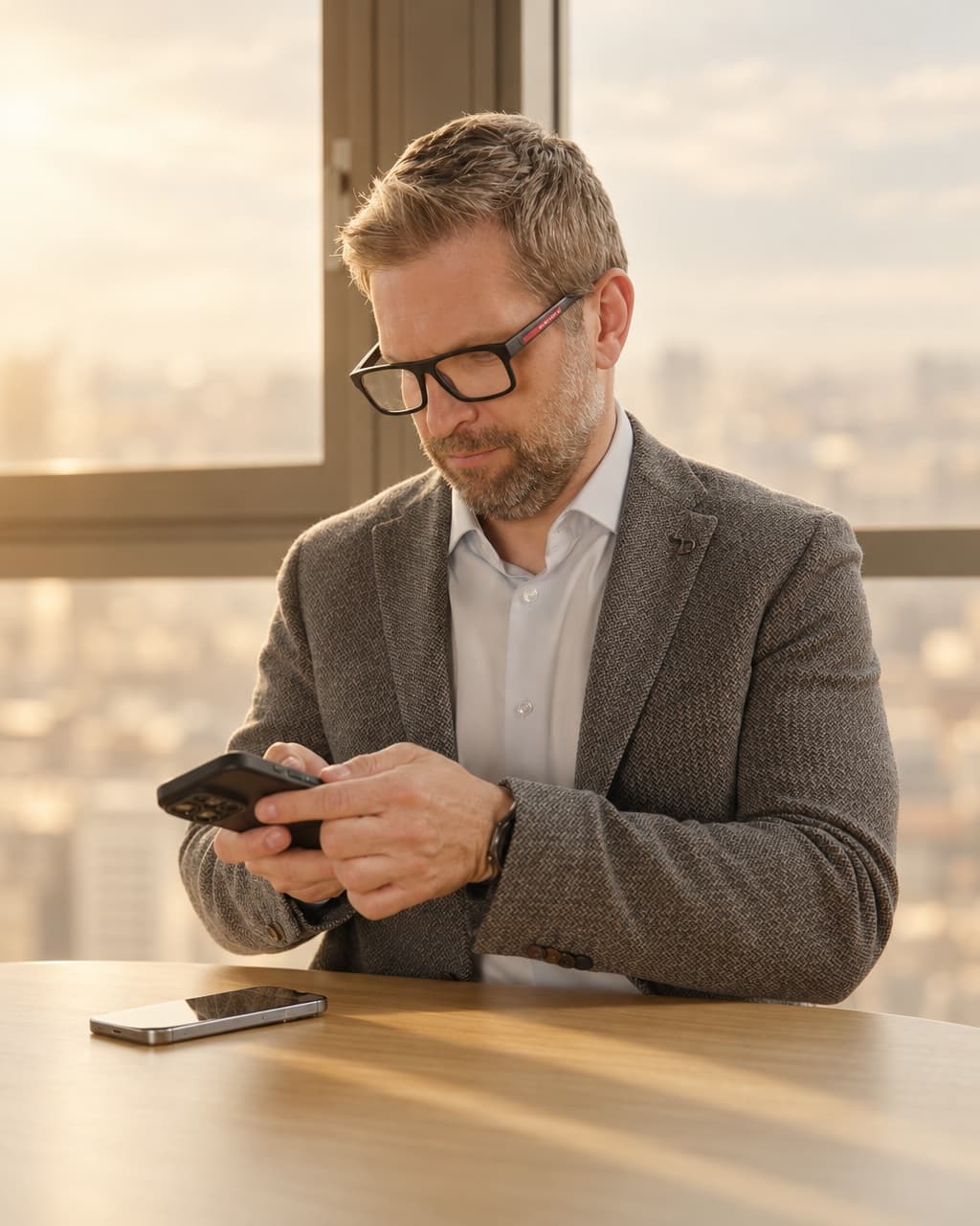 A businessman checking a contact on his phone at a meeting table