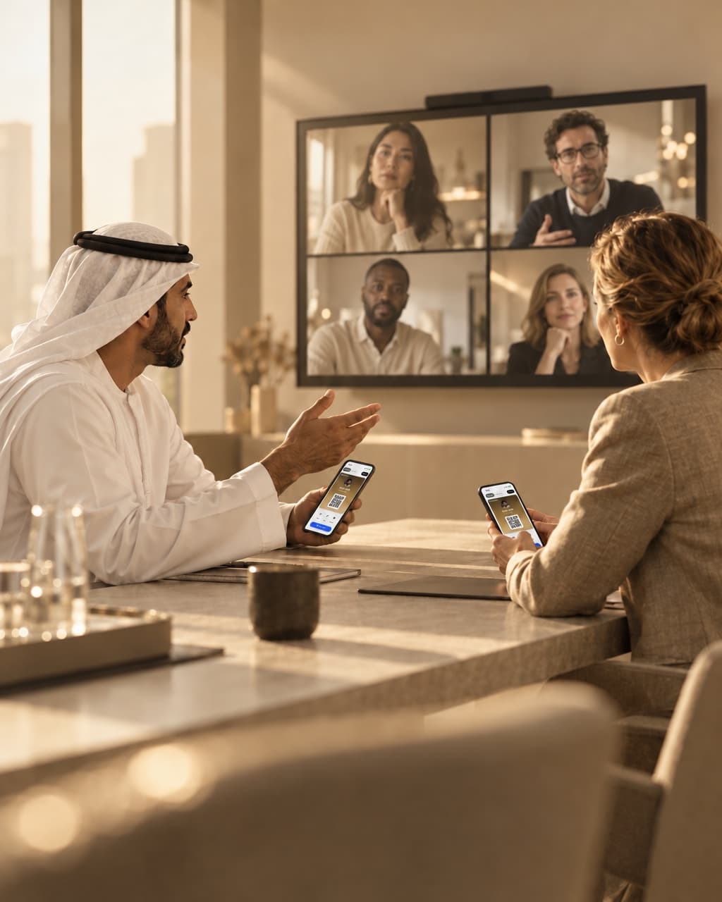 A global team meeting with HeyDrop cards on the table