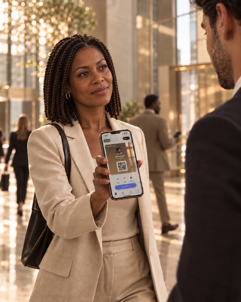 An employee showing her company HeyDrop card in a corporate tower lobby