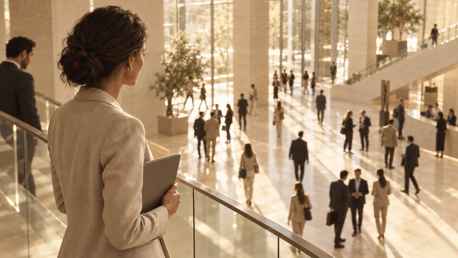 Employees crossing a corporate headquarters atrium
