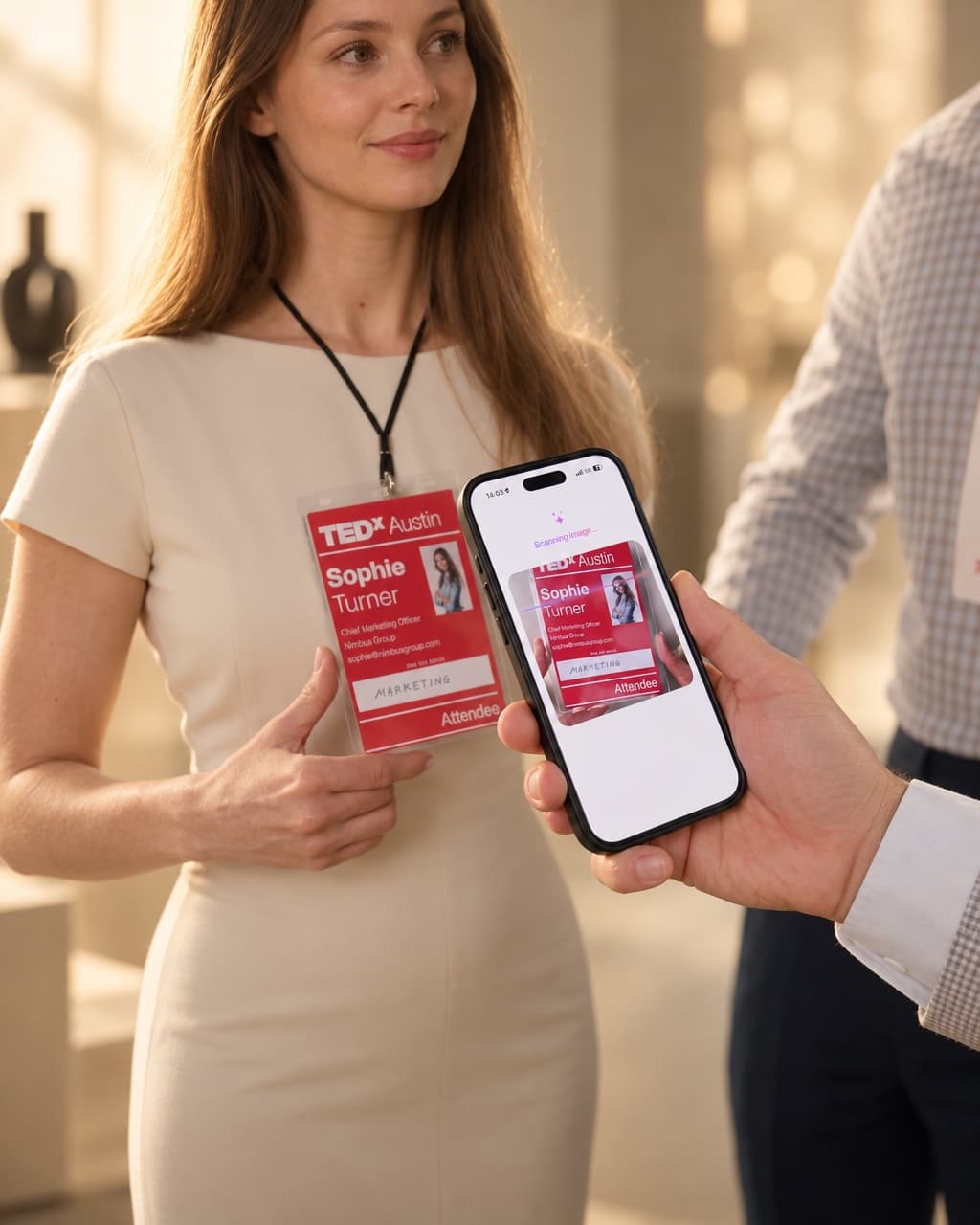 Scanning a TEDx attendee badge with the HeyDrop AI Scanner