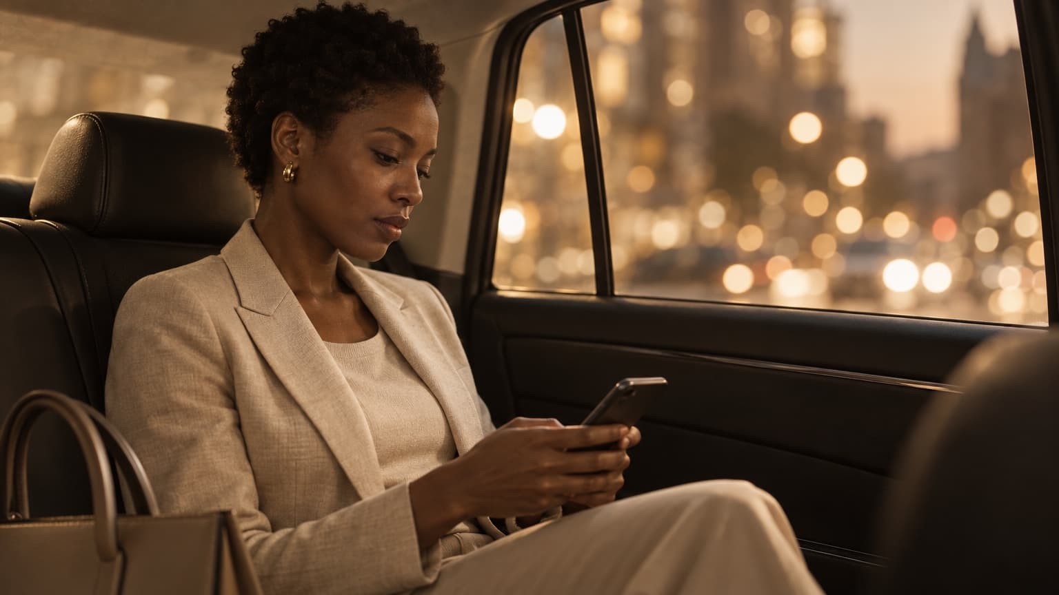 A businesswoman sending a follow-up message from a taxi after an event