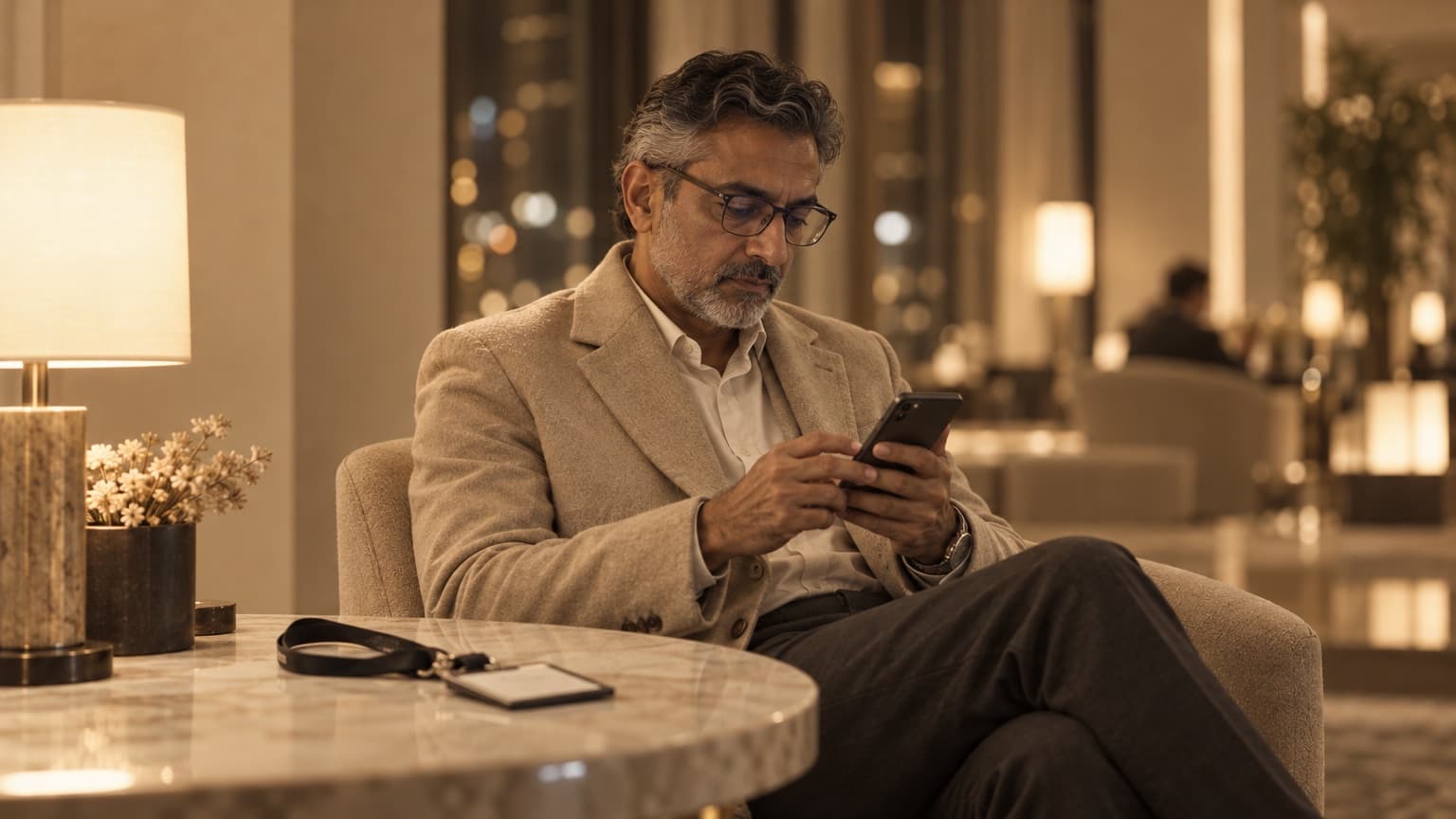 A businessman typing on his phone in a hotel lounge after a conference