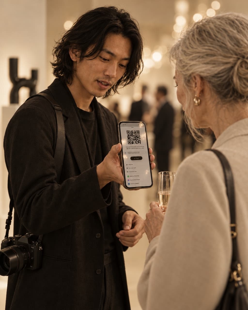 A photographer sharing his HeyDrop card with a guest at an event