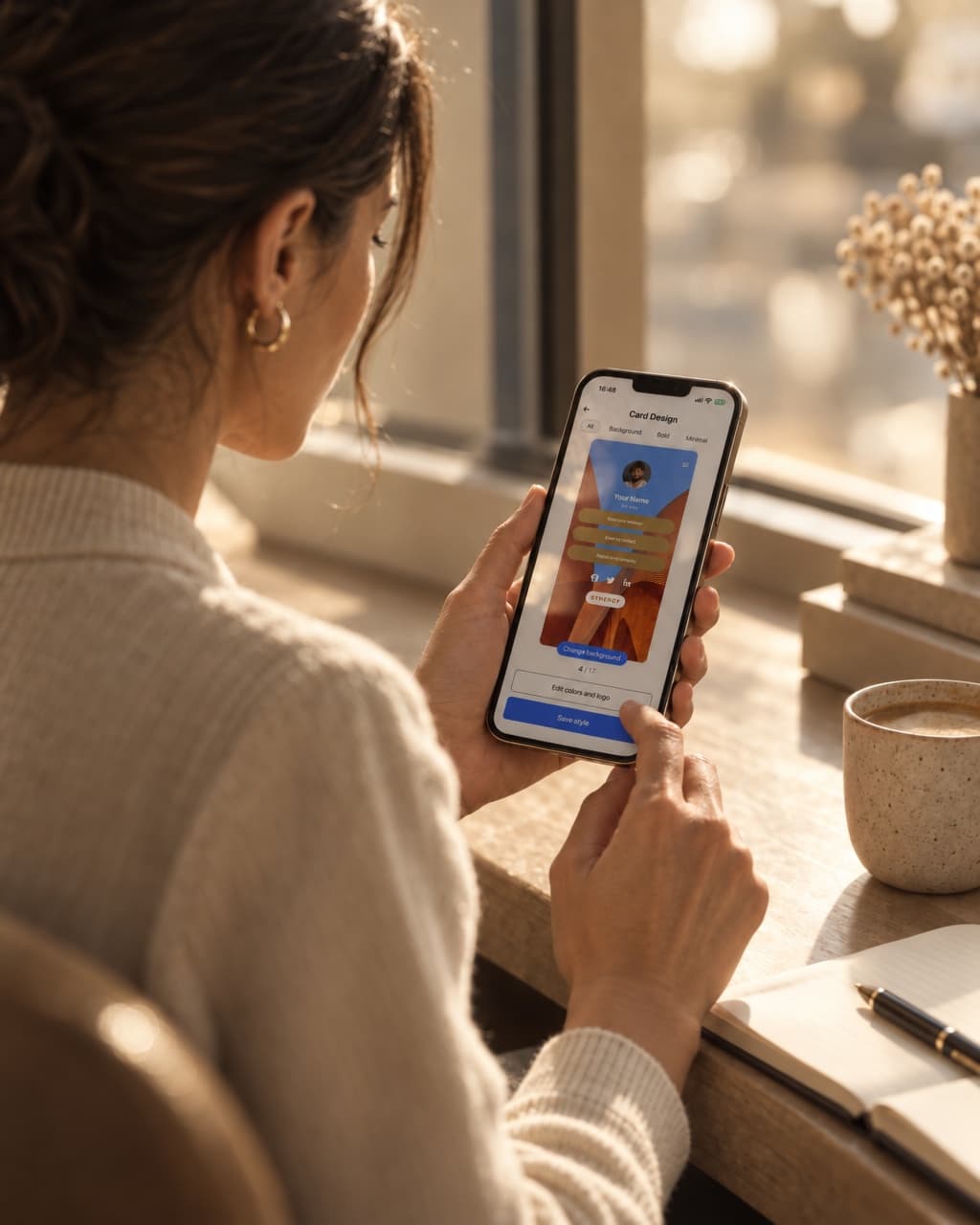A freelancer editing her HeyDrop card on her phone