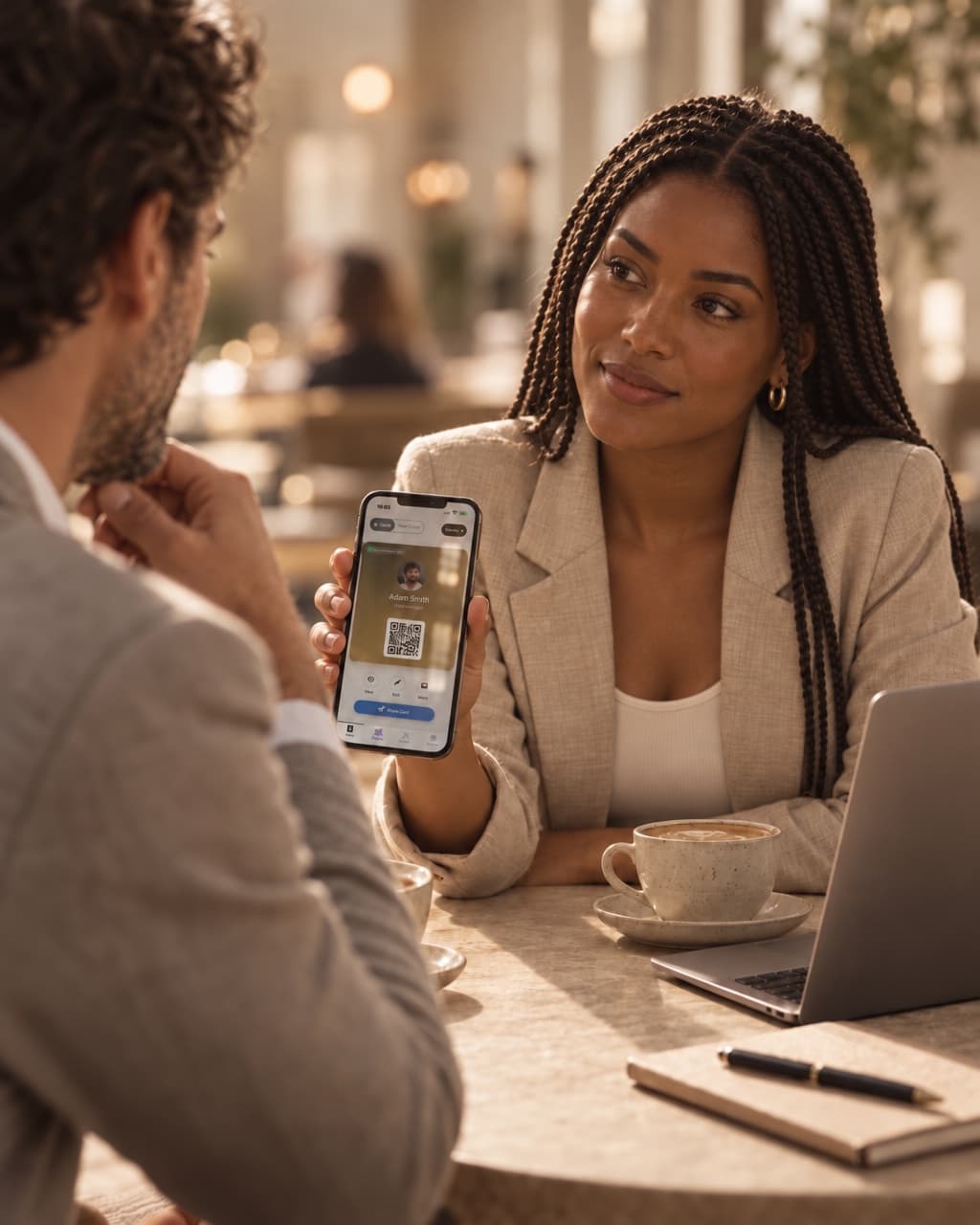 A freelance designer showing her HeyDrop card to a client at a cafe