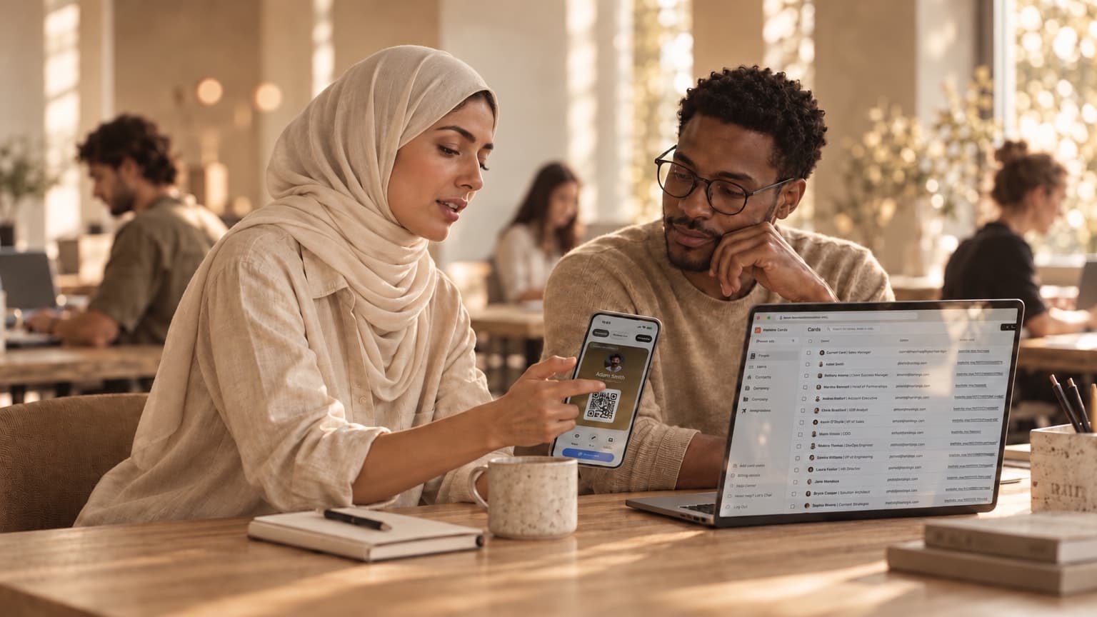 Freelancers sharing contacts in a sunlit coworking space