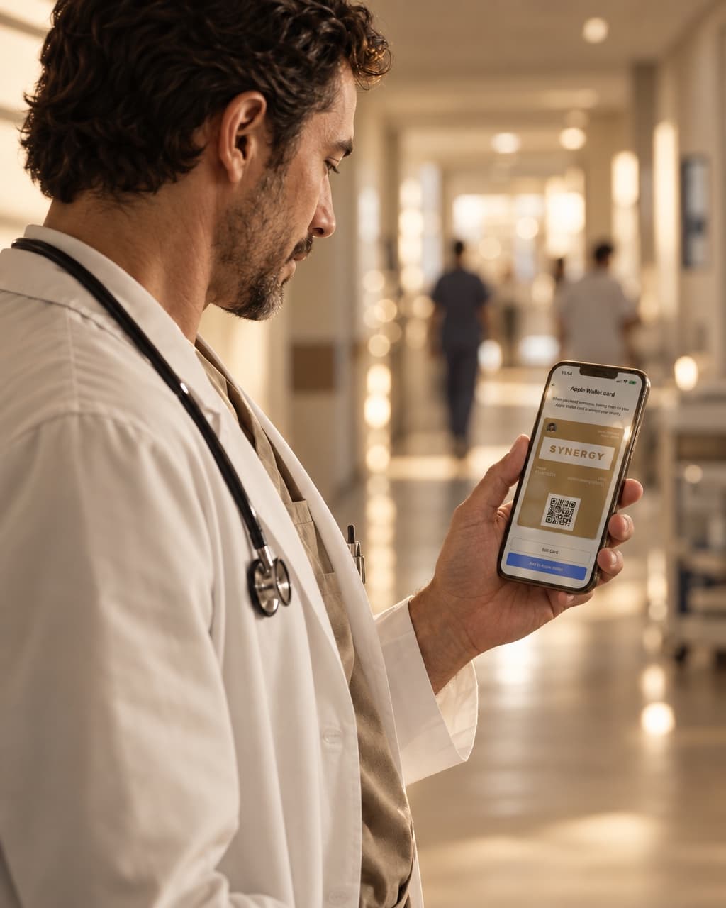 A physician with his HeyDrop Wallet card in a hospital hallway