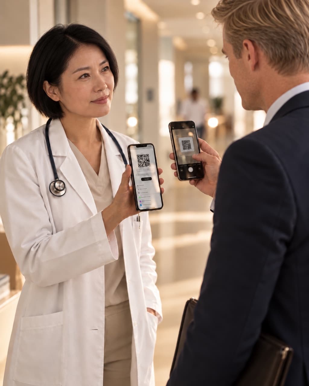 A doctor sharing her contact by HeyDrop QR code with a pharmaceutical representative