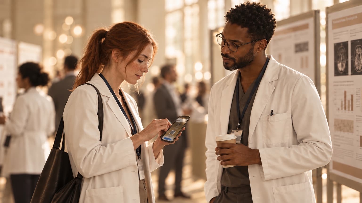 Physicians exchanging contacts at a medical conference poster session