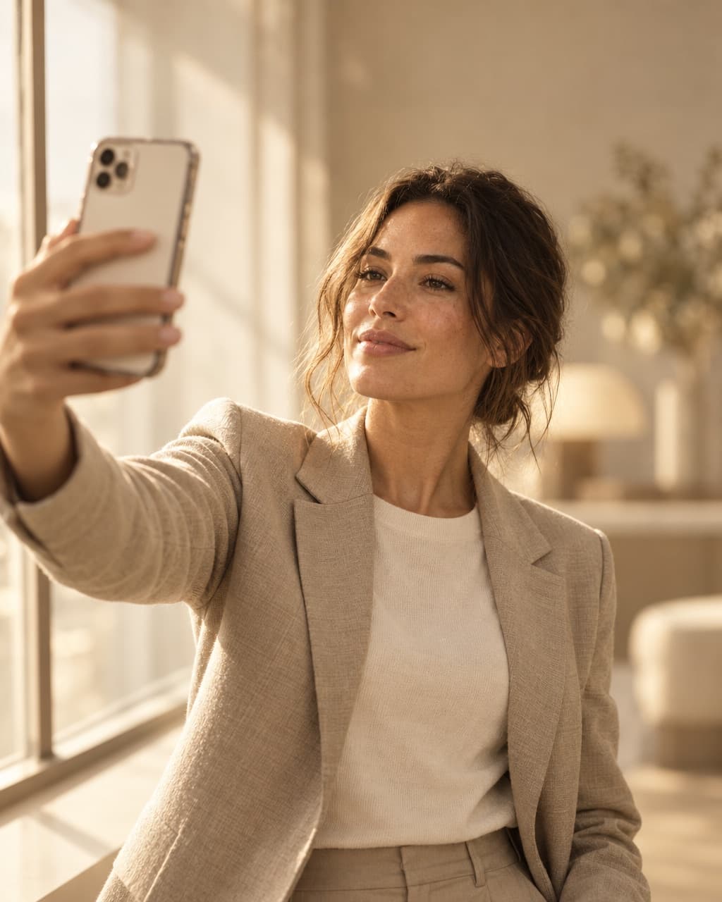 Taking a quick selfie by a window, the start of a HeyPhoto headshot