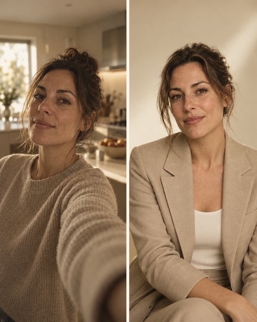 A casual selfie next to the same person's polished HeyPhoto studio headshot