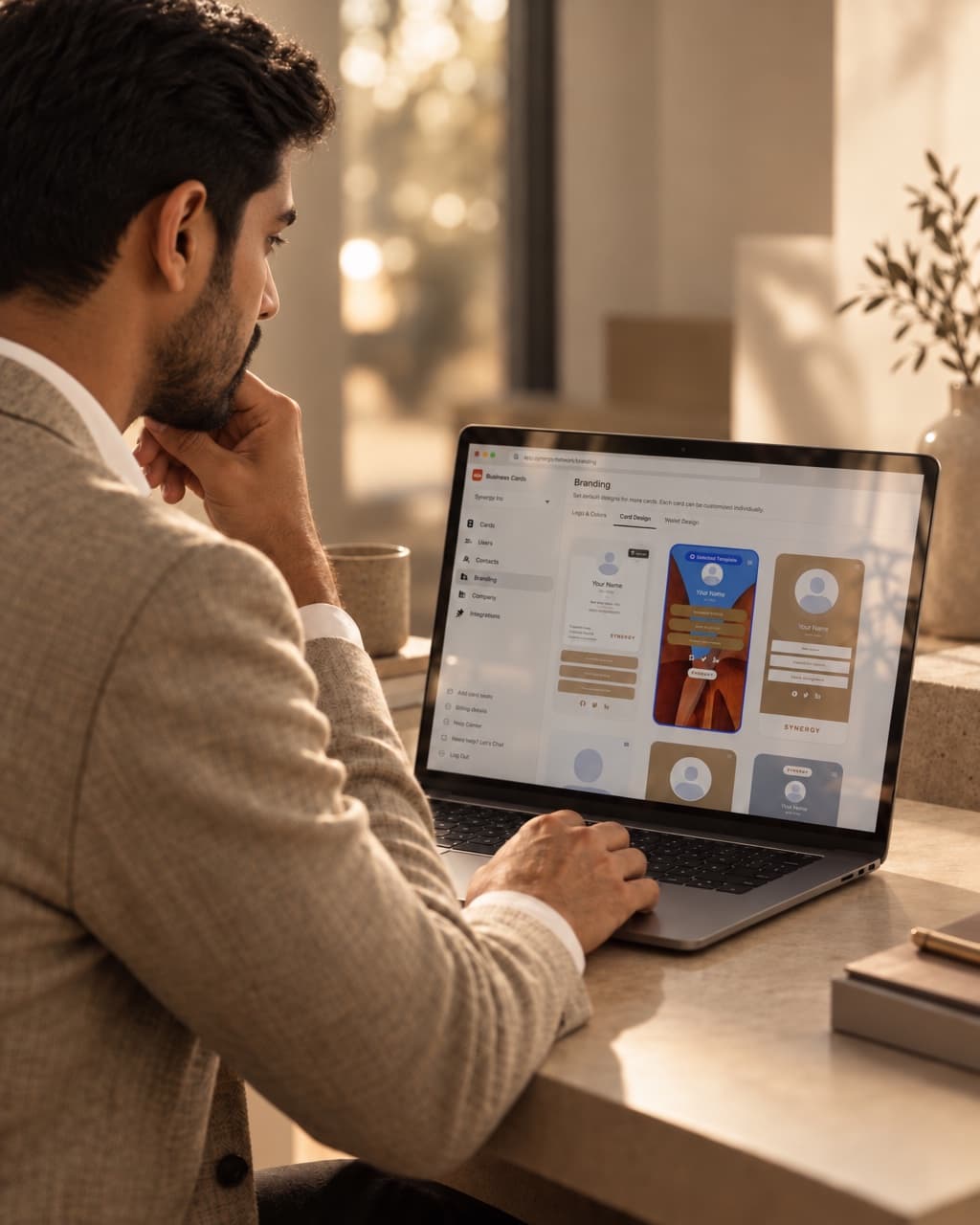 A marketer reviewing company card templates on a laptop