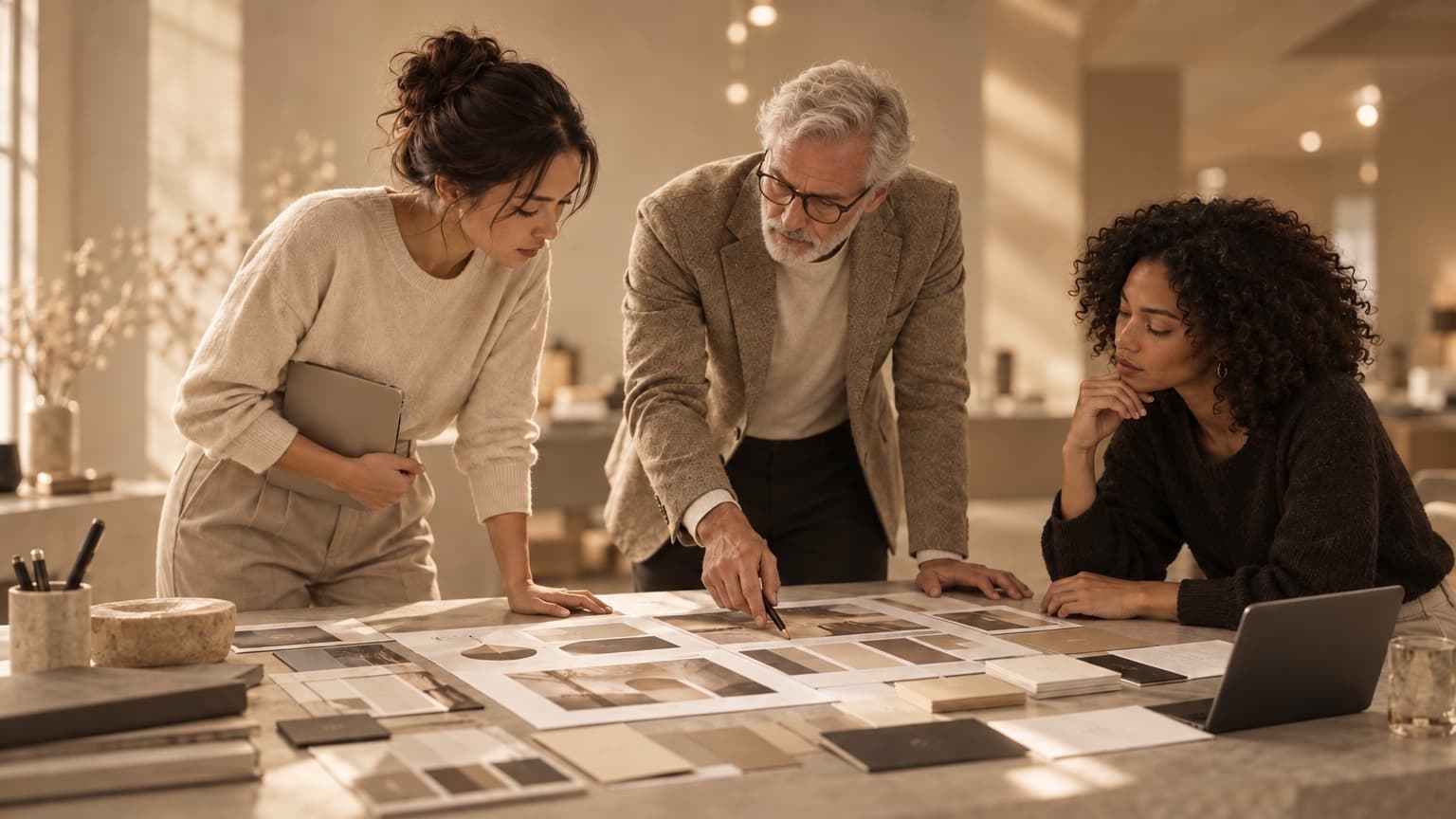 A marketing team reviewing printed brand guidelines and card proofs