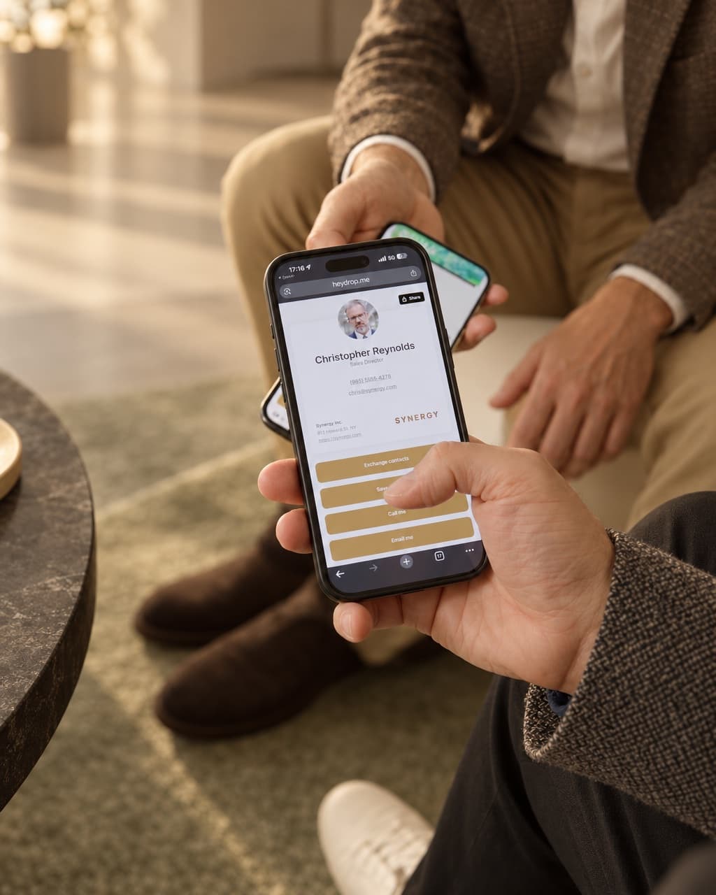 A received HeyDrop card with save and exchange buttons