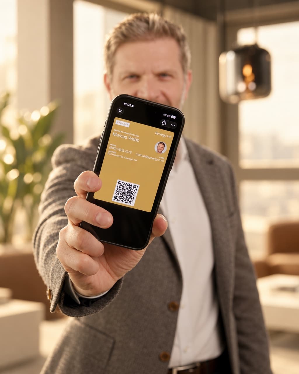 A professional showing his HeyDrop card with QR code