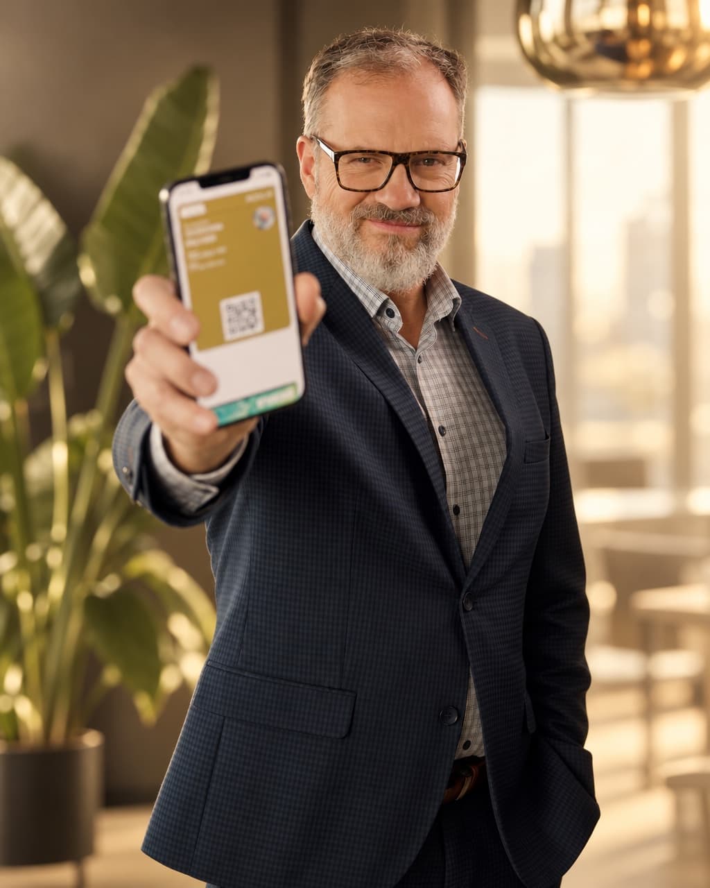 A professional holding up his HeyDrop Wallet card