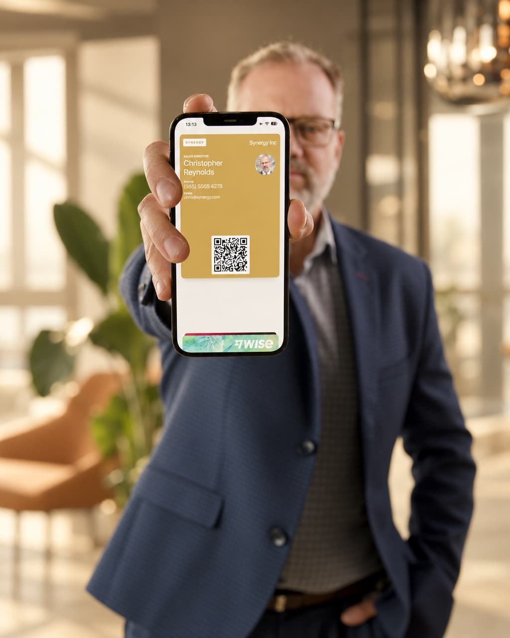 A professional holding up his HeyDrop QR code