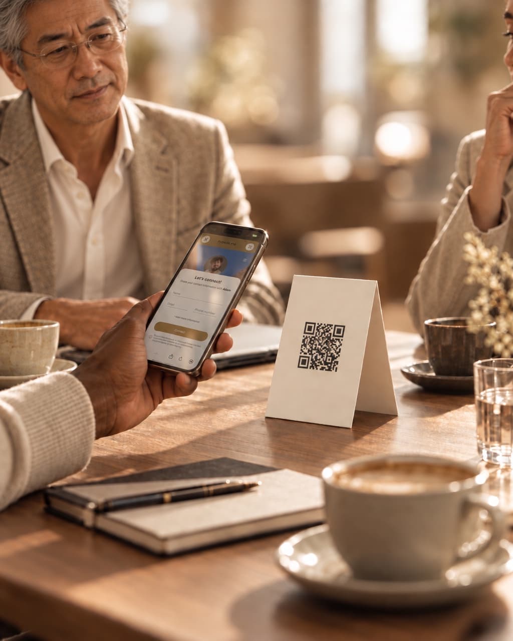 Scanning a printed QR table tent at a breakfast meeting