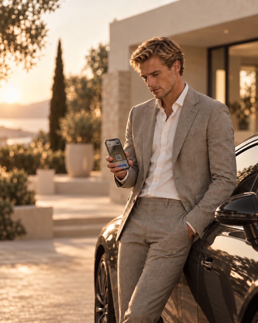 A real-estate agent checking his phone outside a villa