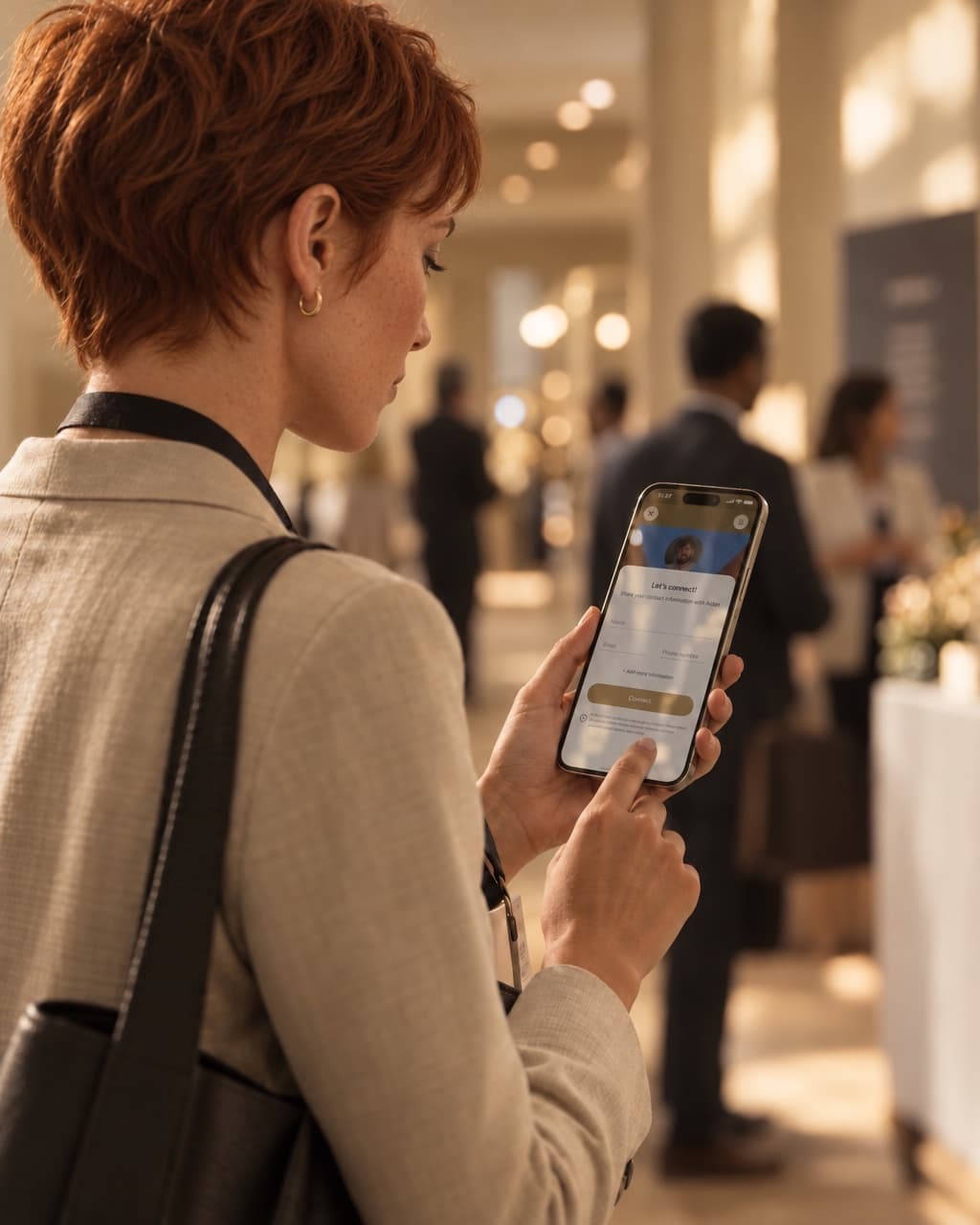 A saleswoman checking a new lead on her phone in a conference aisle