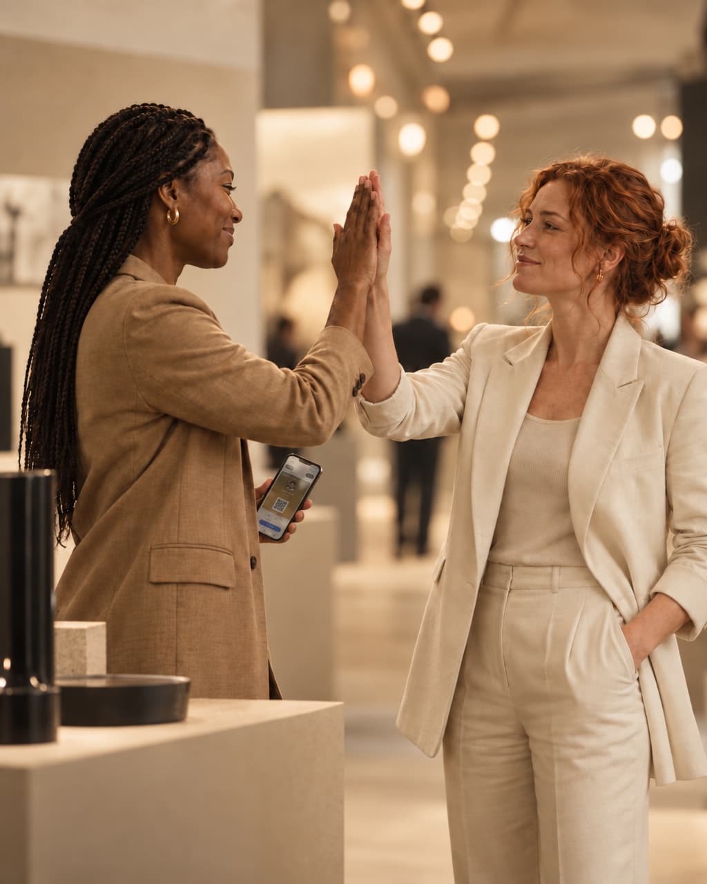 Two saleswomen celebrating at their booth