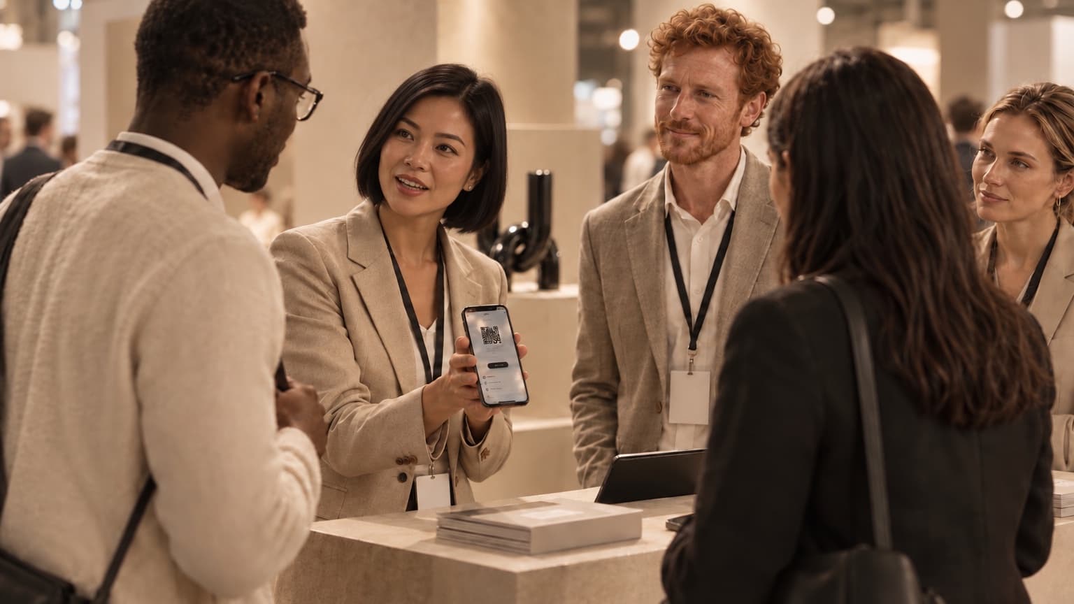 A sales team at a trade-show booth sharing a HeyDrop QR code with a prospect