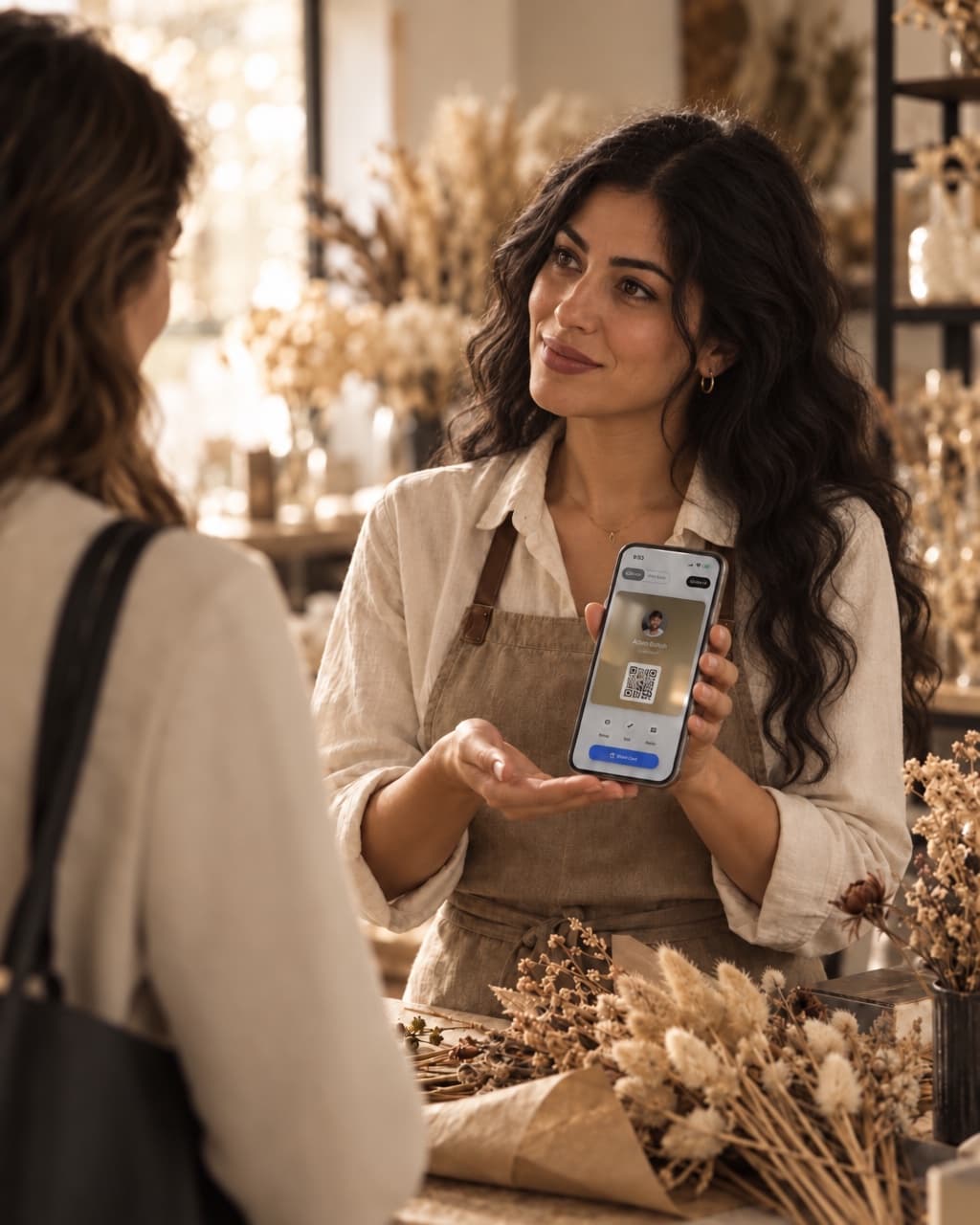 A florist sharing her HeyDrop card in her shop
