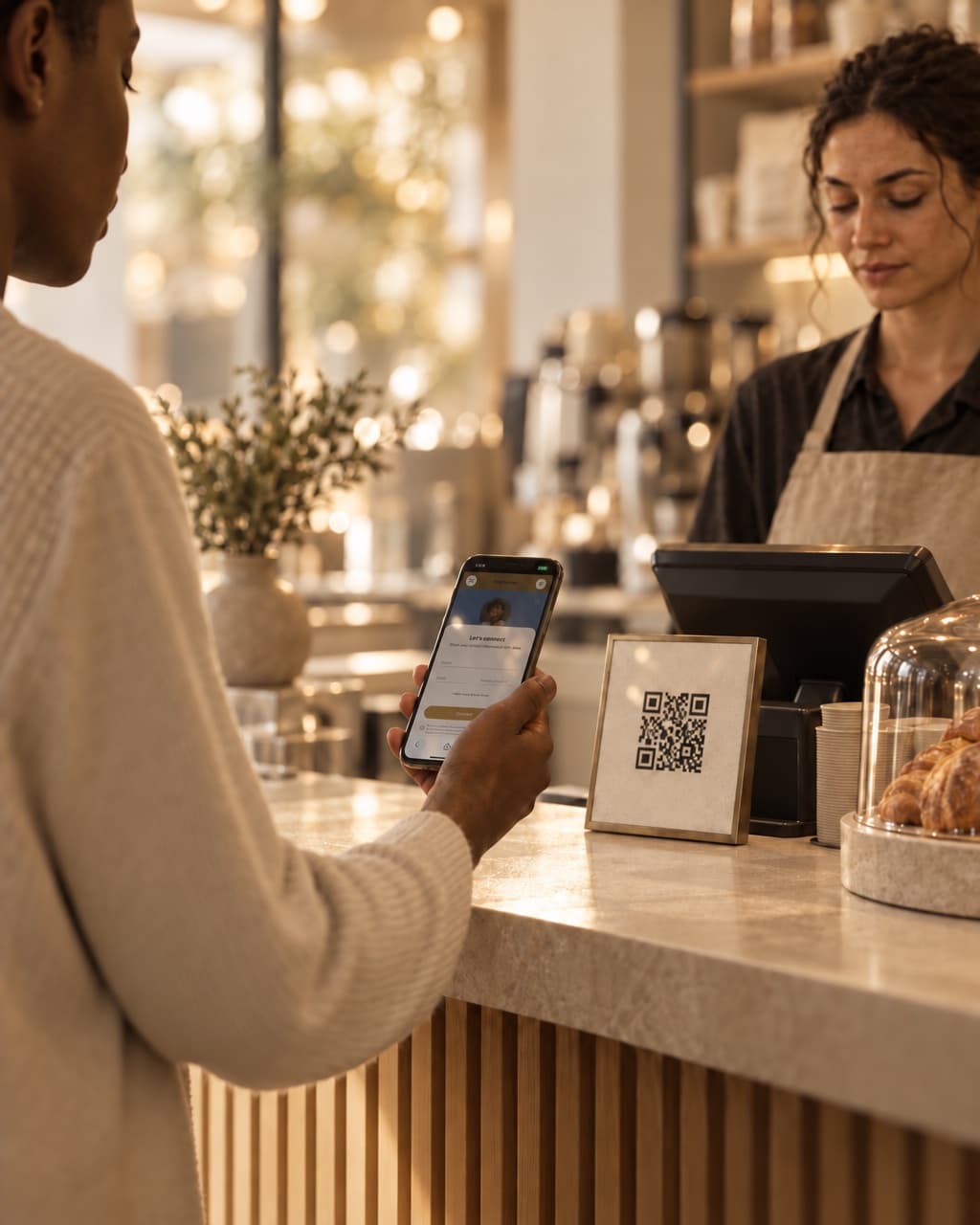 A QR code next to the register at a cafe counter