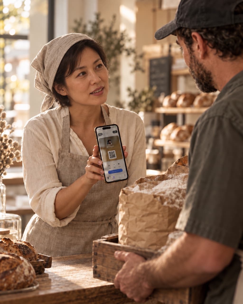 A bakery owner showing her HeyDrop card to a supplier