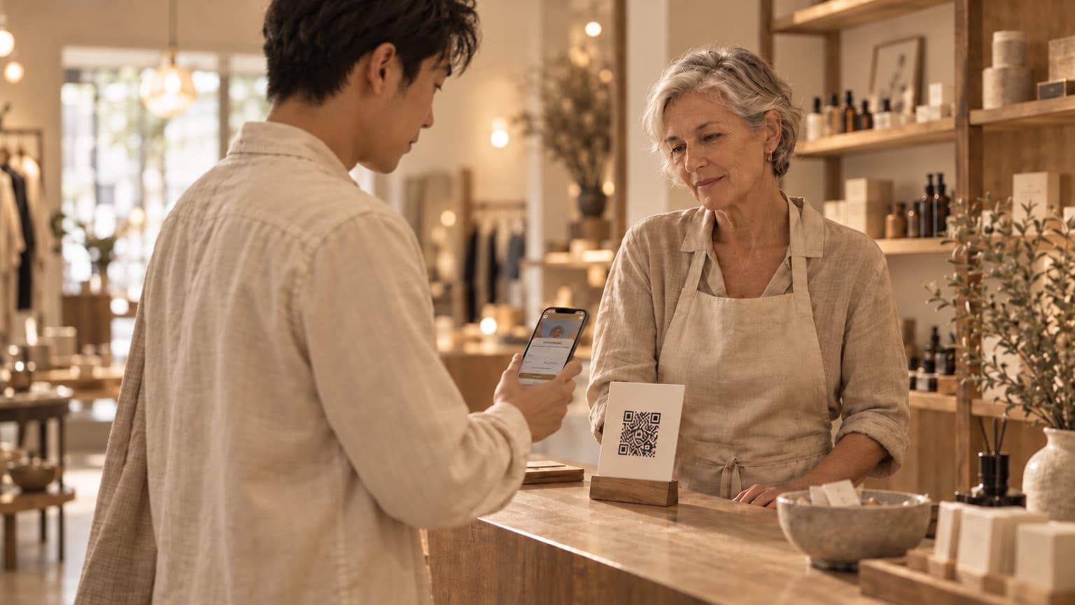 A customer scanning a QR sign at the counter of an independent shop