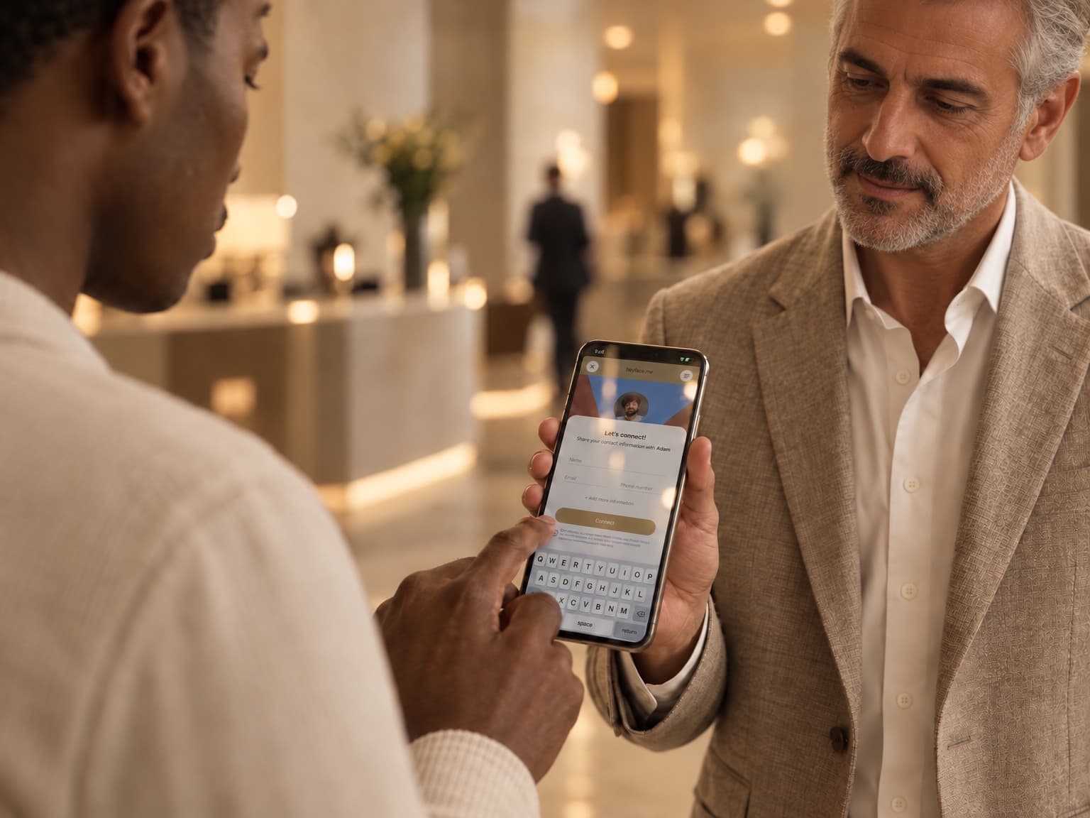 A client entering his details into the HeyDrop lead form on a salesperson's phone