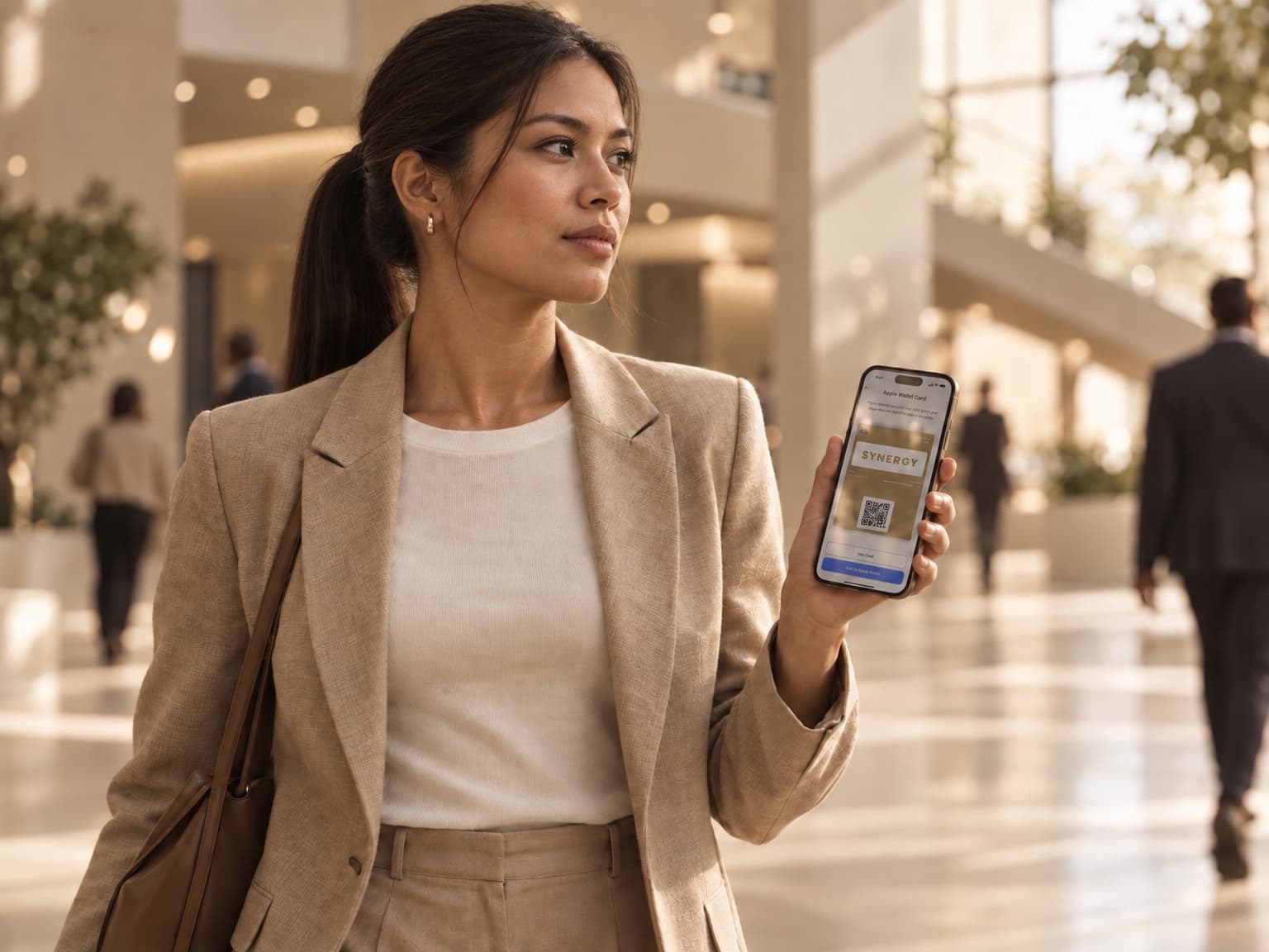 An employee opening her company HeyDrop Wallet card in an office atrium