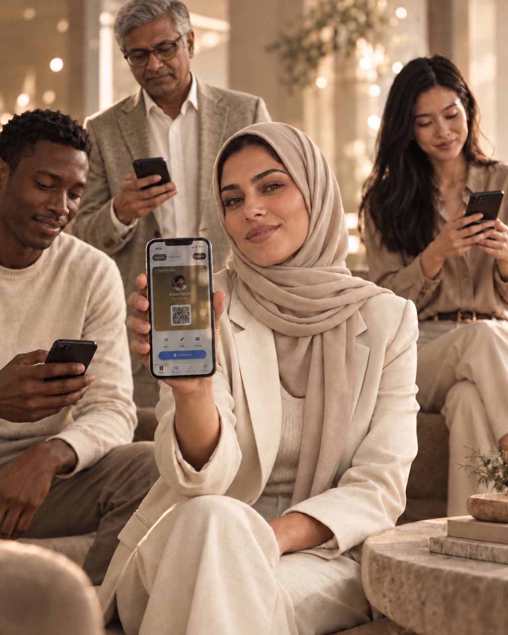 A team holding up phones with their company's branded HeyDrop business card