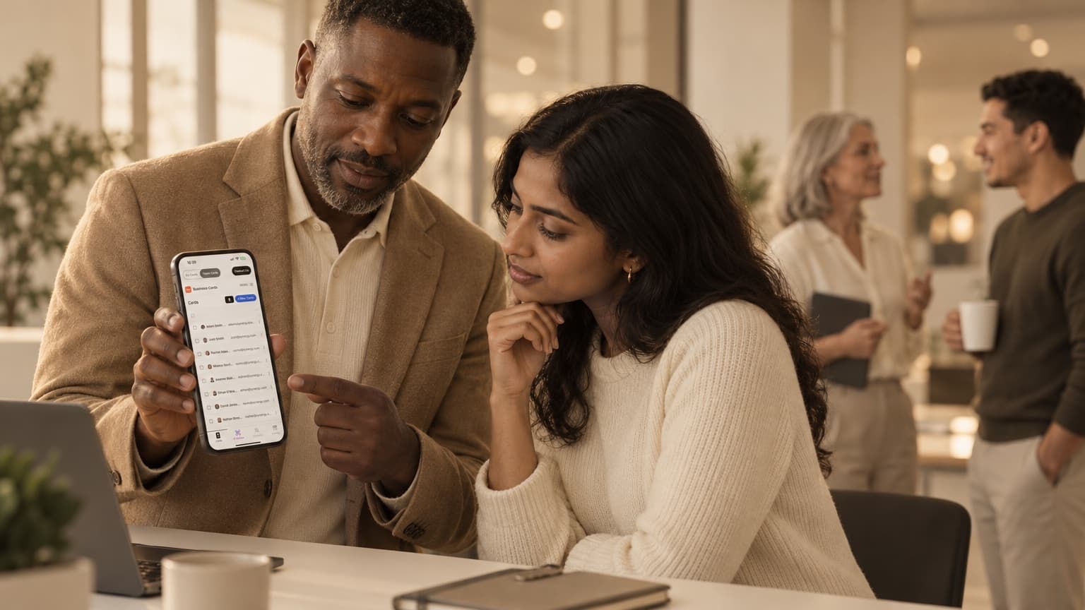 A team lead showing a new hire the company's HeyDrop Team Cards list