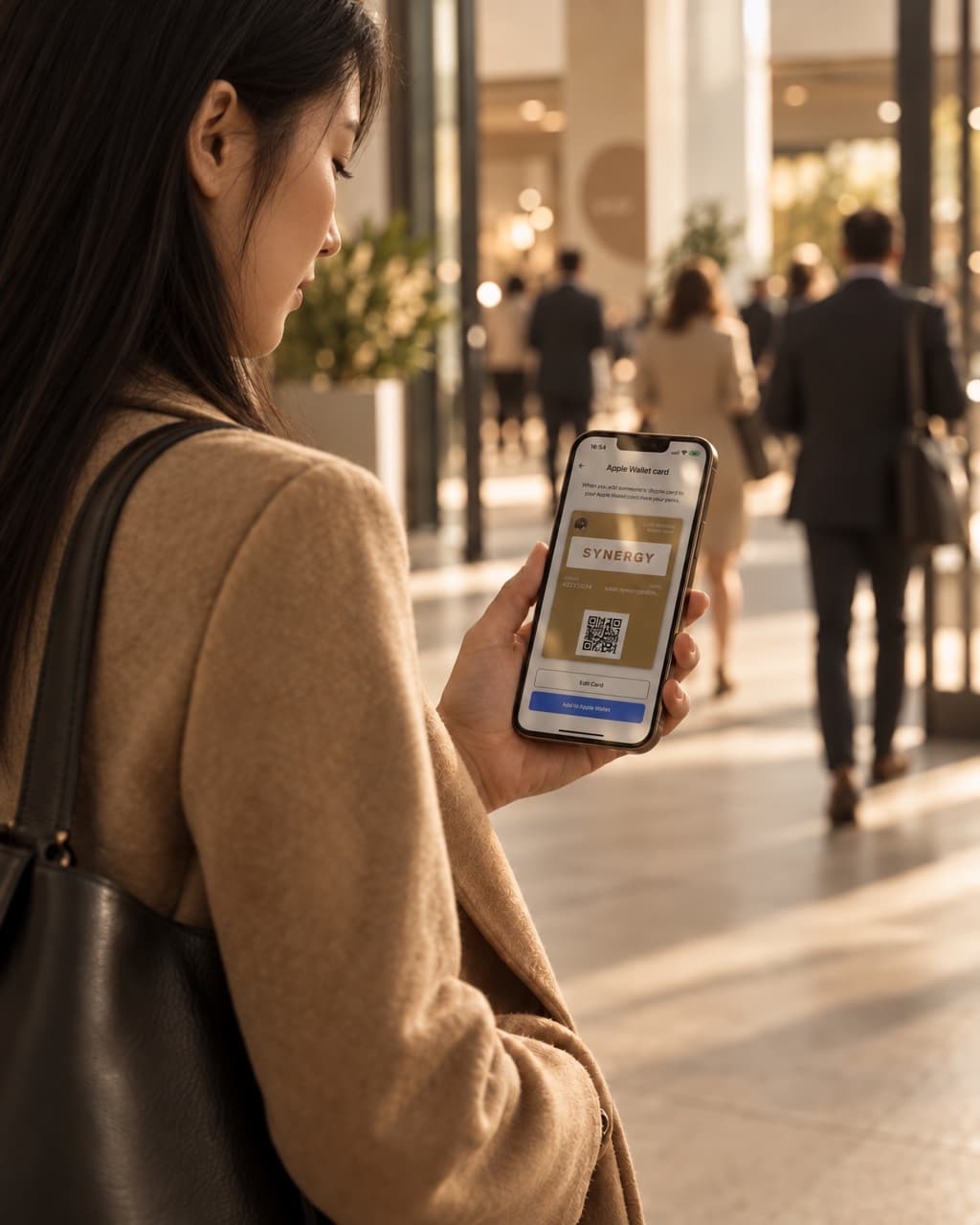 A woman opening her HeyDrop Wallet card on her iPhone at a conference entrance