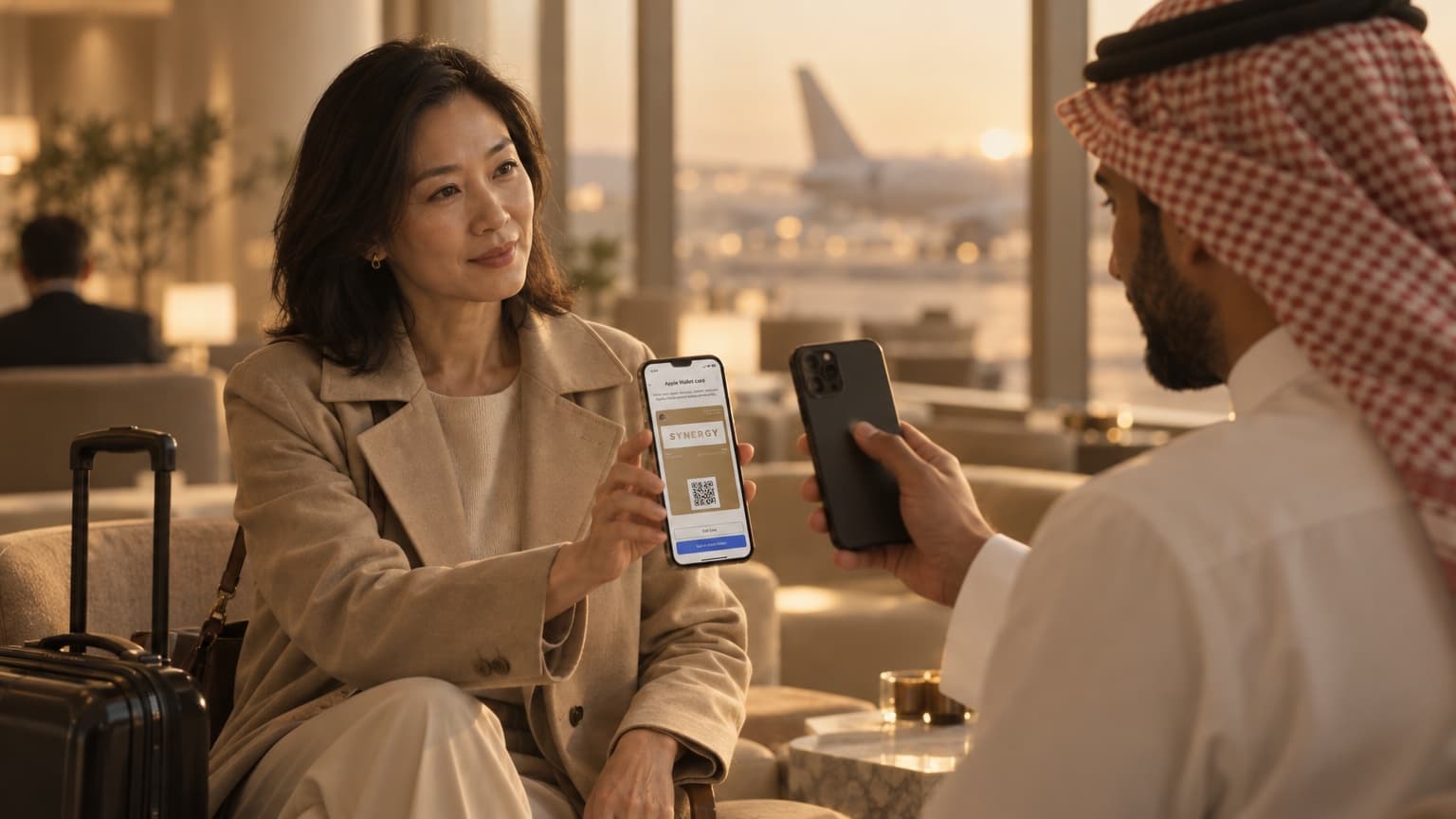 Sharing a HeyDrop Apple Wallet card in an airport lounge
