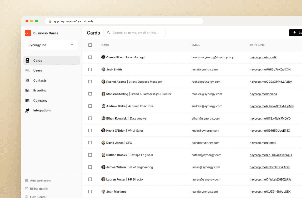 HeyDrop Teams admin panel: employee cards managed in one place