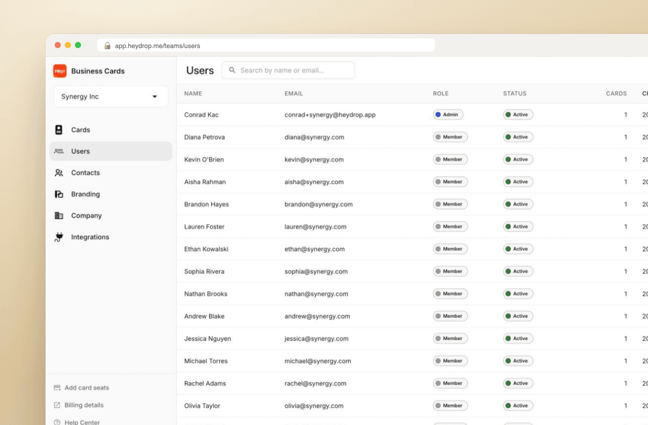 HeyDrop admin panel: team users with roles and status
