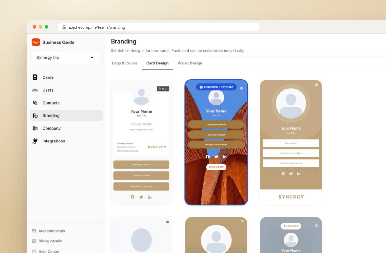 HeyDrop Teams branding: brand-locked card templates